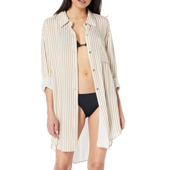 Michael Kors Logo Stripe Button-Front Cover-Up Top – Khaki/Tan White Stripe, Sm - Picture 1 of 3